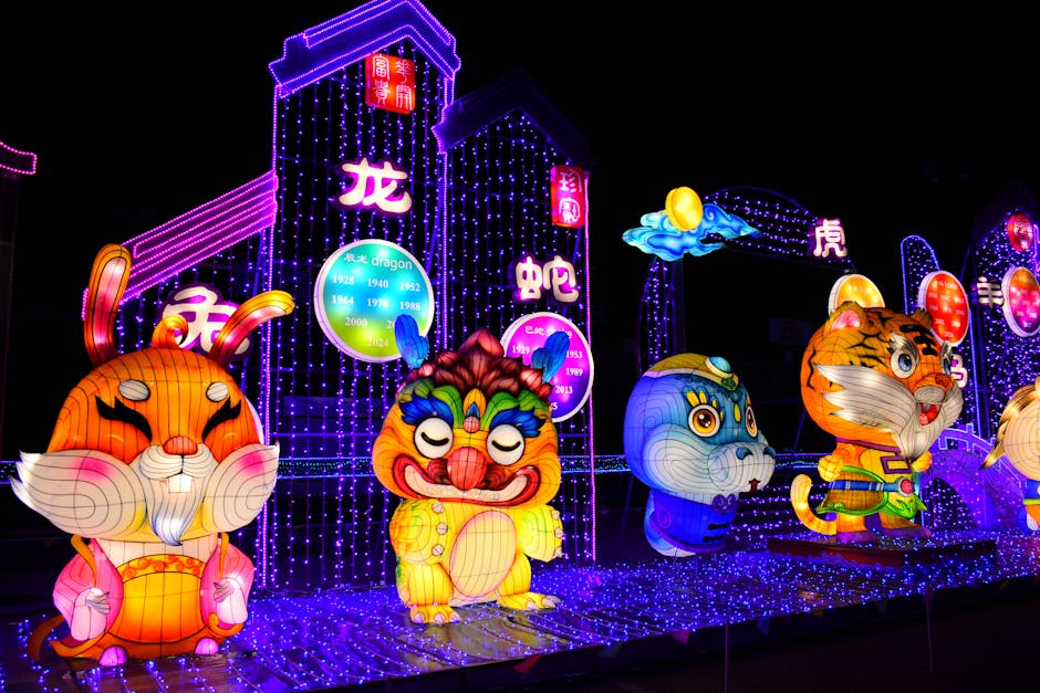 Colorful Chinese zodiac lanterns illuminated at night, showcasing traditional designs and vibrant lights.