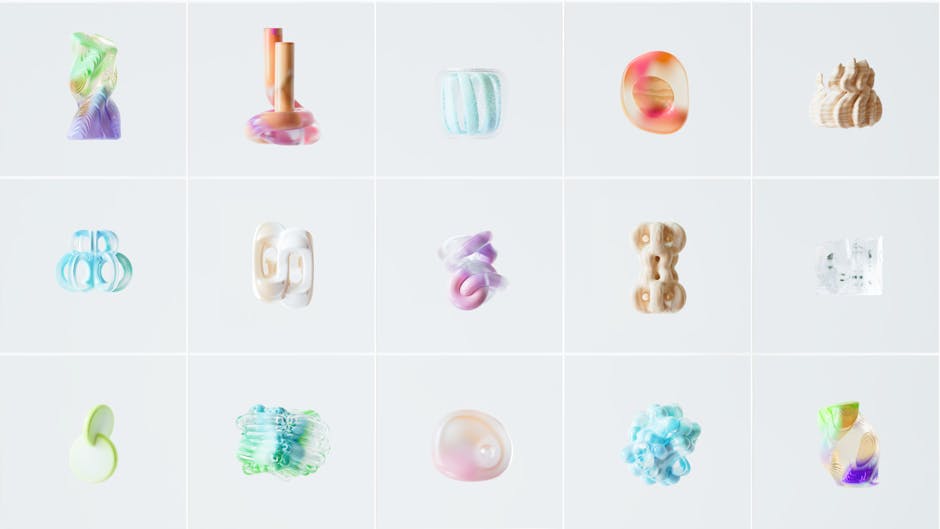 Collection of abstract 3D rendered organic shapes in soft pastel colors.