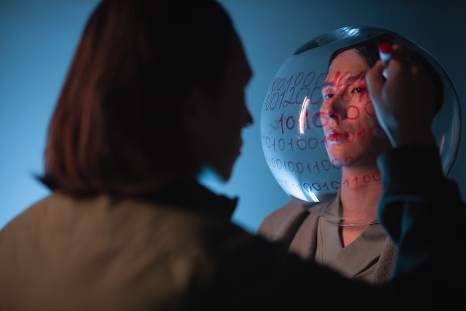 Artistic photo of a person reflecting on binary code on a transparent surface.