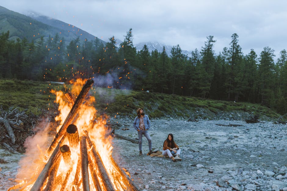 Two people enjoying a bonfire amidst scenic mountains and forest. Perfect for outdoor adventure themes.