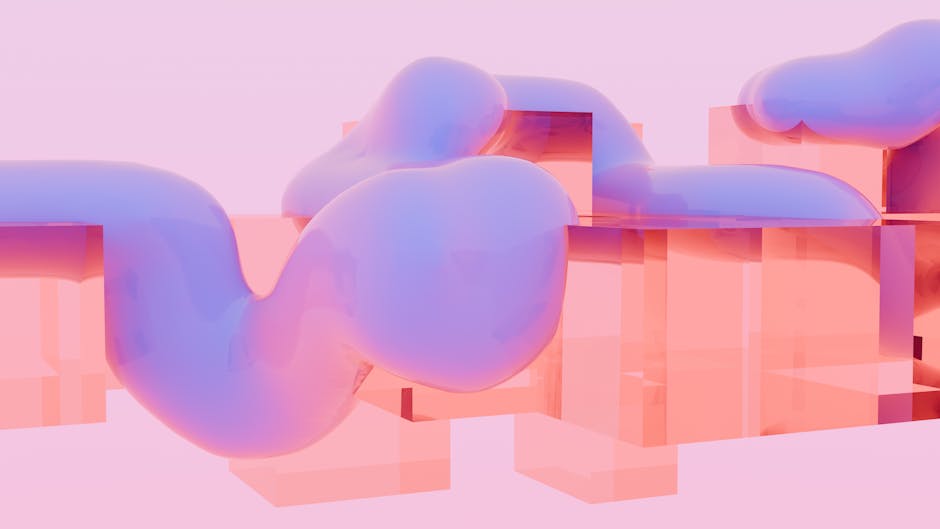 Futuristic 3D render with pink and purple clouds over abstract structures.