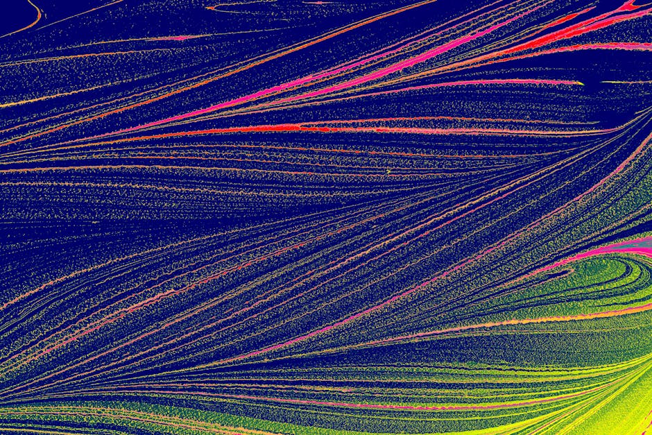 Colorful abstract pattern with vibrant lines on a textured blue background.