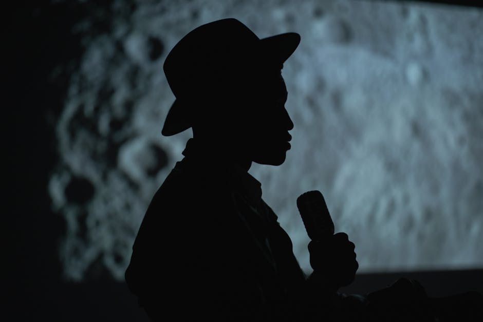 A dramatic silhouette of a person with a hat holding a microphone against a moon-like background.