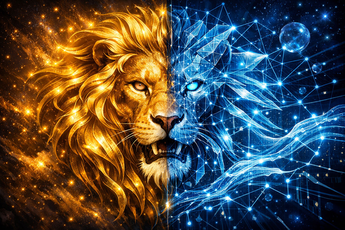 Abstract visualization of digital circuits and blockchain in vibrant colors.