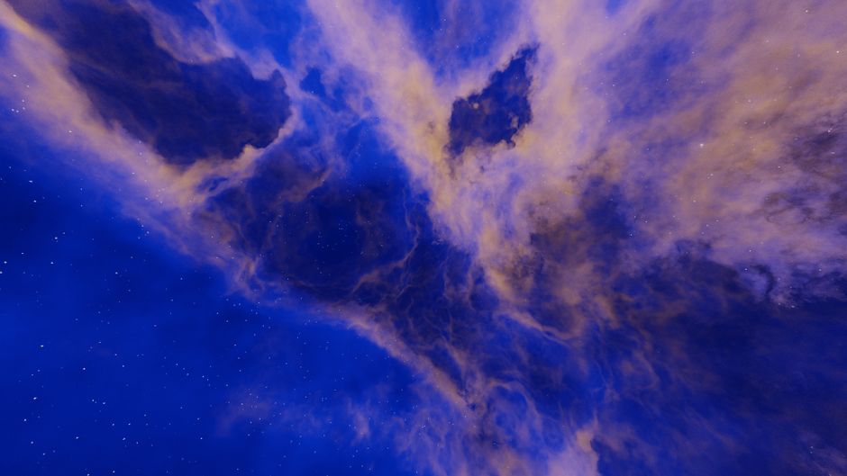 Stunning view of a blue and yellow nebula with twinkling stars in outer space.