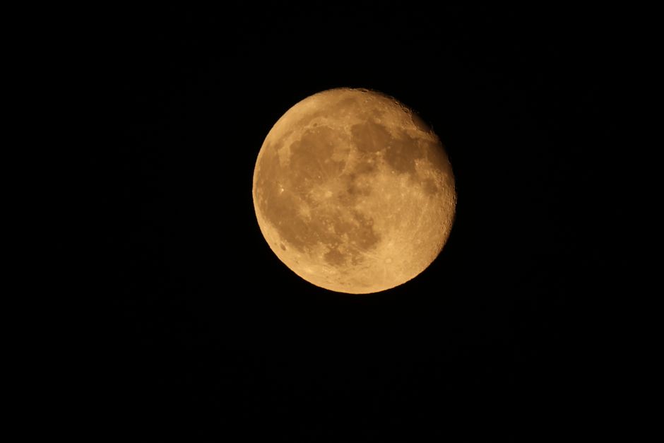 A captivating golden full moon photographed against a clear dark night sky.