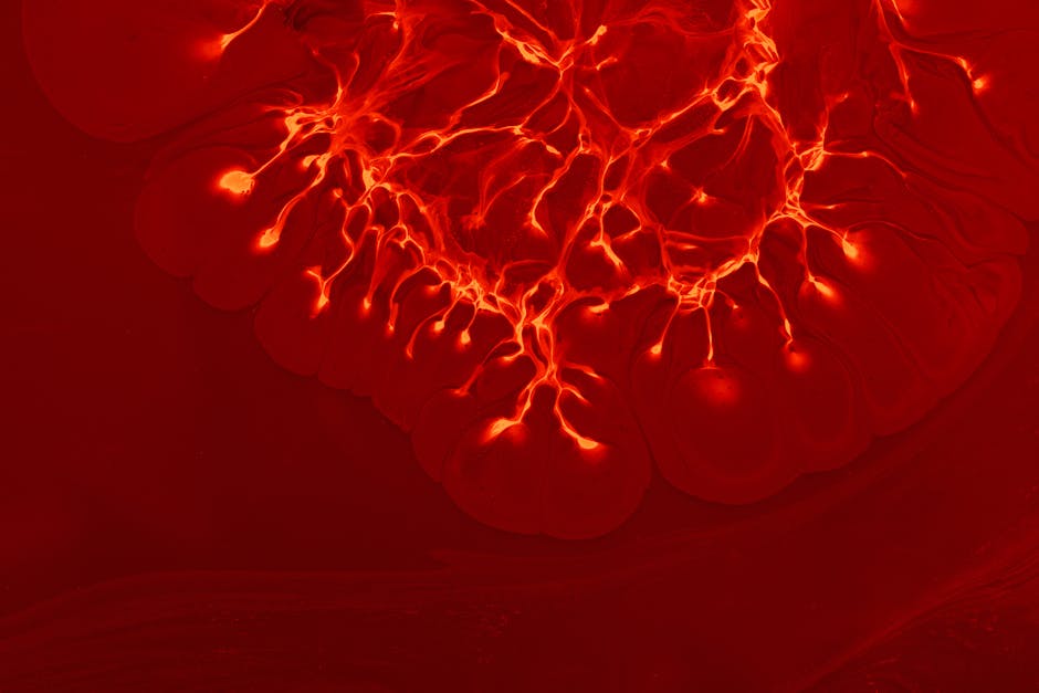 Vibrant abstract art featuring red lightning patterns on a textured background.