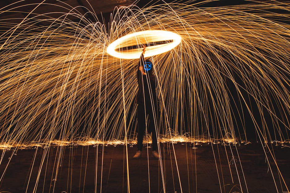 A mesmerizing display of steel wool photography with captivating light trails and sparks illuminating the night.