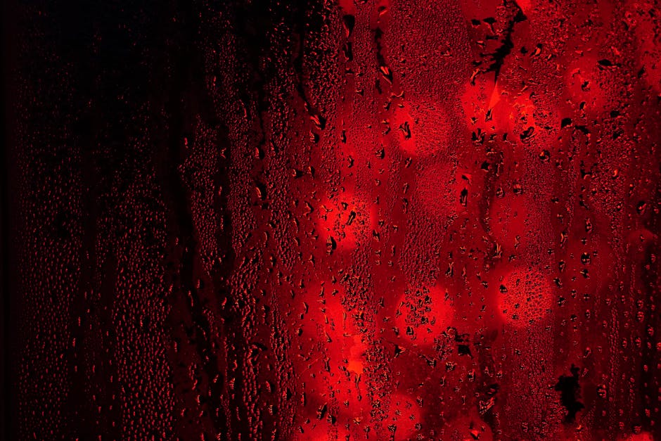 Close-up of raindrops on a red and black surface with bokeh lights creating an abstract, moody effect.