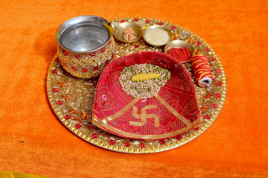 Detailed puja thali featuring ritual items used in Indian ceremonies, displaying cultural richness.
