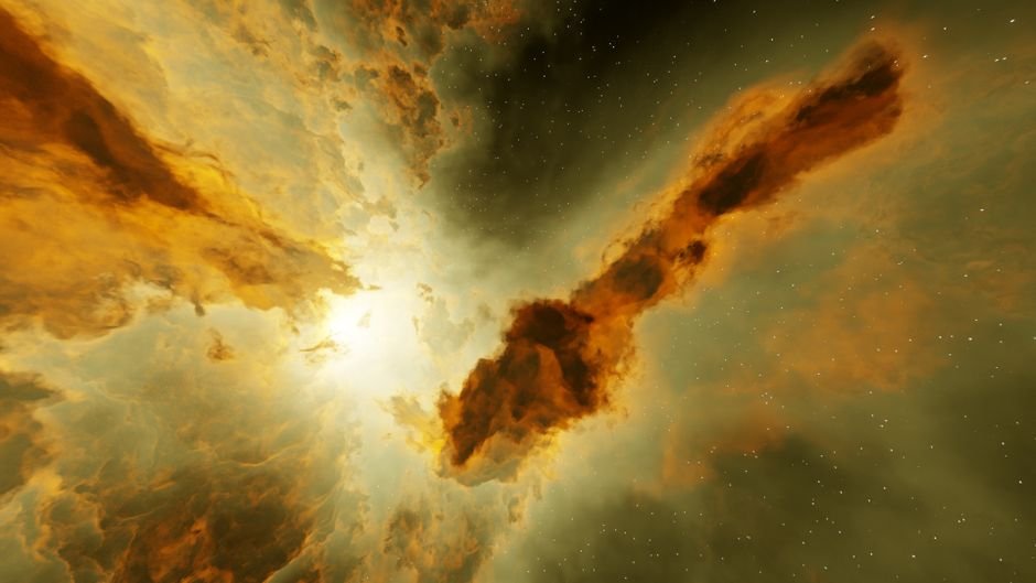 A mesmerizing view of a cosmic nebula with vivid orange and white light, set against a starry backdrop.