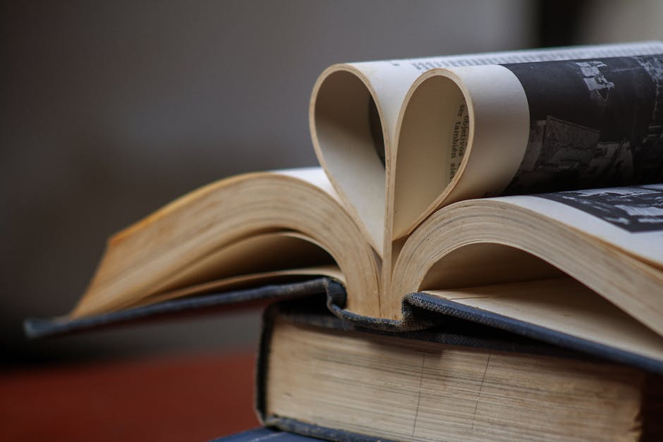 Close-up of an open book with pages folded into a heart shape, symbolizing love for reading.