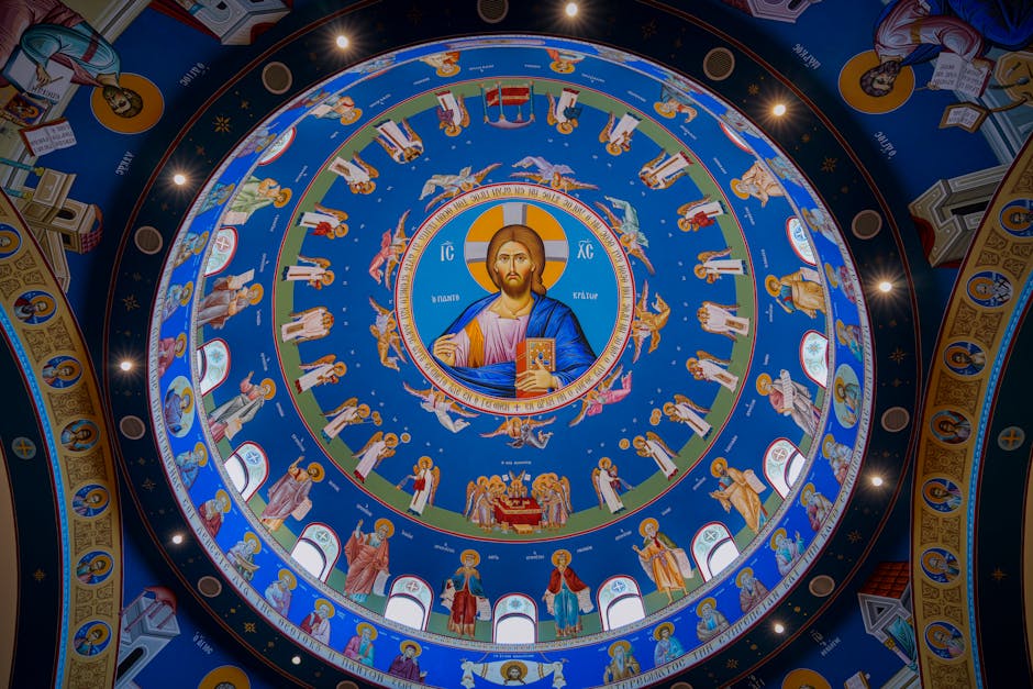 A vibrant circular fresco of religious figures in a Greek Orthodox church dome in Houston, TX.