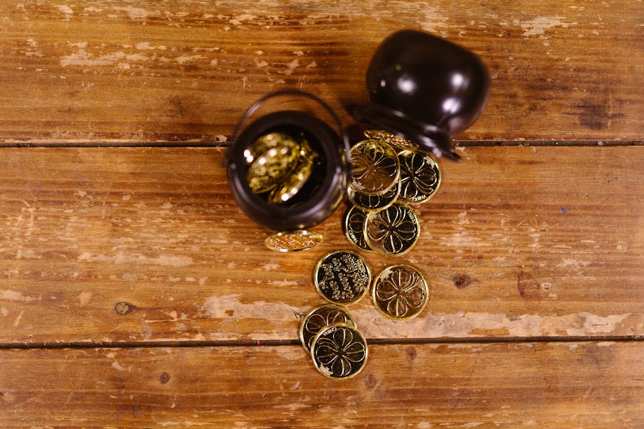 A top-down shot of gold coins spilling from a pot onto a rustic wooden table, symbolizing luck and prosperity.