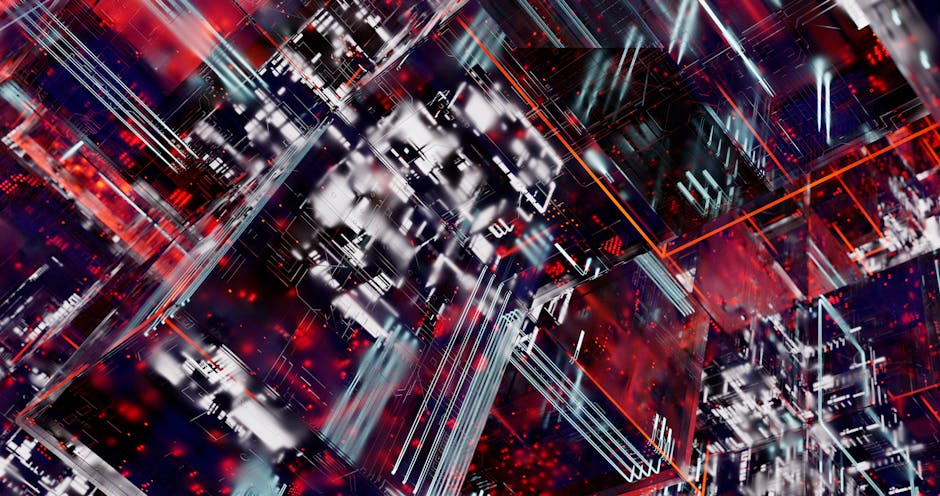 Abstract visualization of digital circuits and blockchain in vibrant colors.