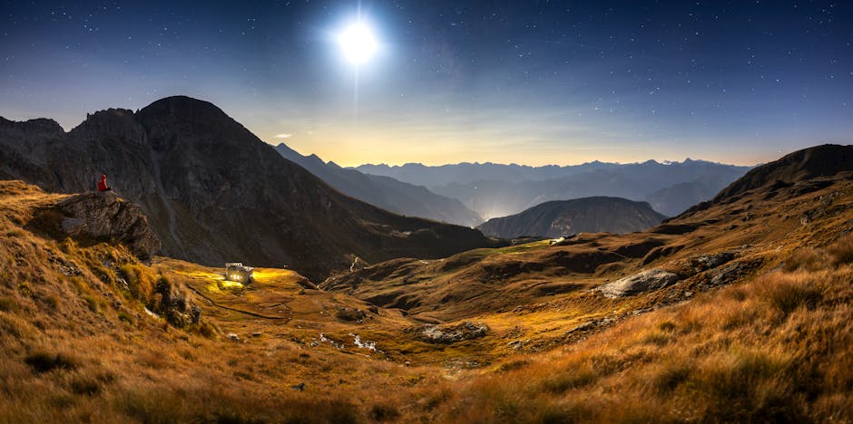 Breathtaking panoramic view of a moonlit mountain landscape, ideal for meditation or relaxation.