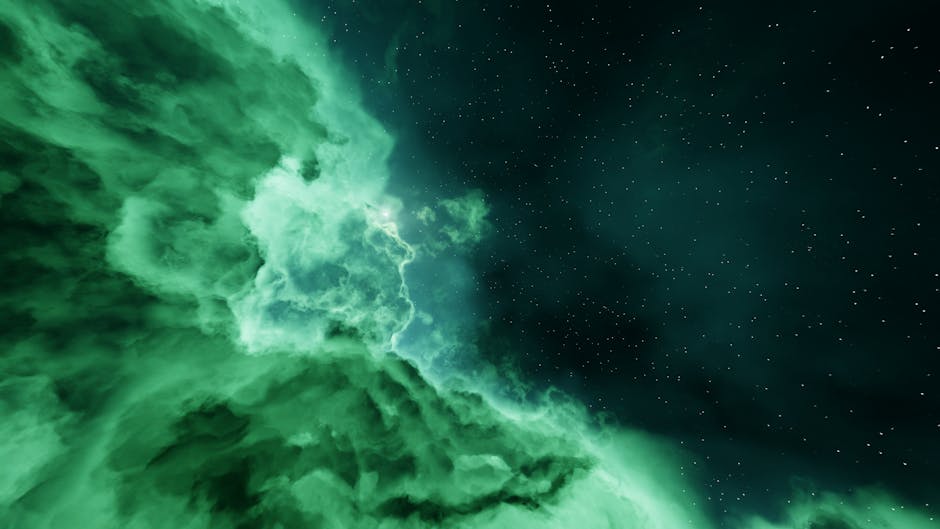 Vivid cosmic nebula with contrasting green clouds and starry sky.