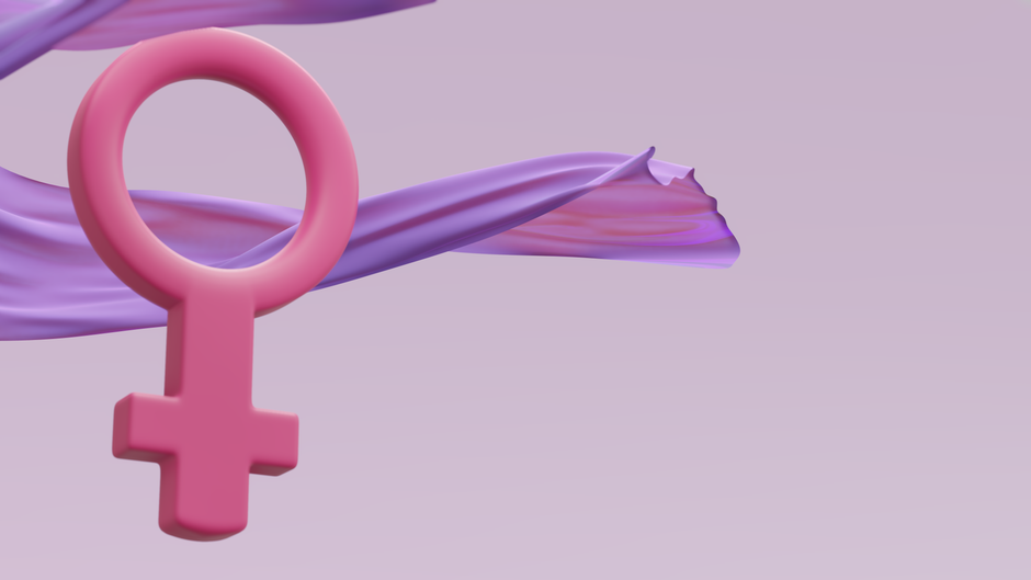 3D pink female gender symbol with flowing purple wave background, minimalistic and vibrant.