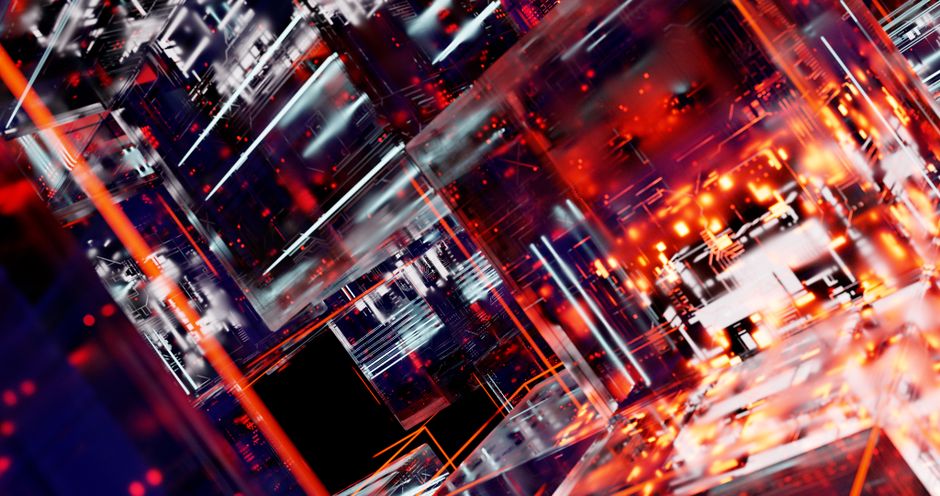 Abstract futuristic cyber landscape with digital matrix and glowing lights.