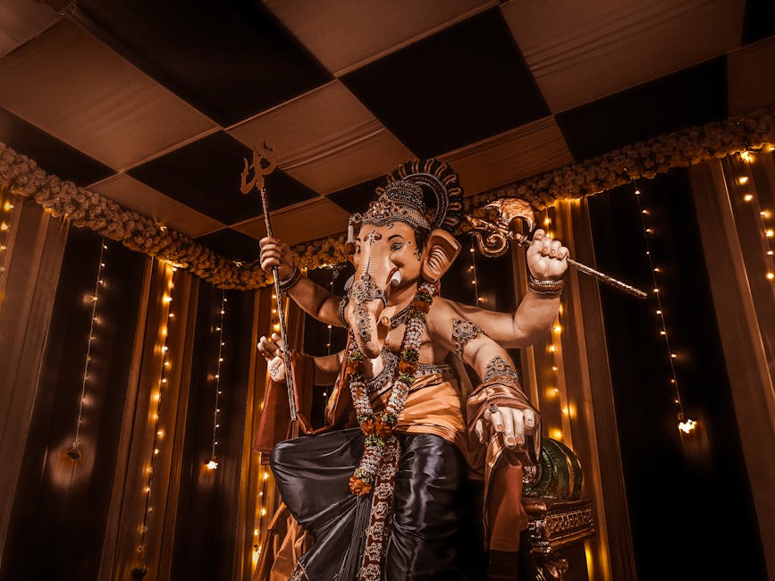 Ganesh idol adorned with lights during Ganesh Chaturthi festival in Mumbai, India.