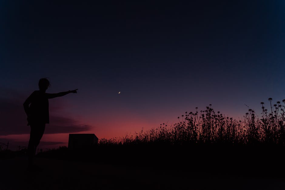 A person's silhouette pointing at a crescent moon in the twilight sky over a field in La Roda, Spain.
