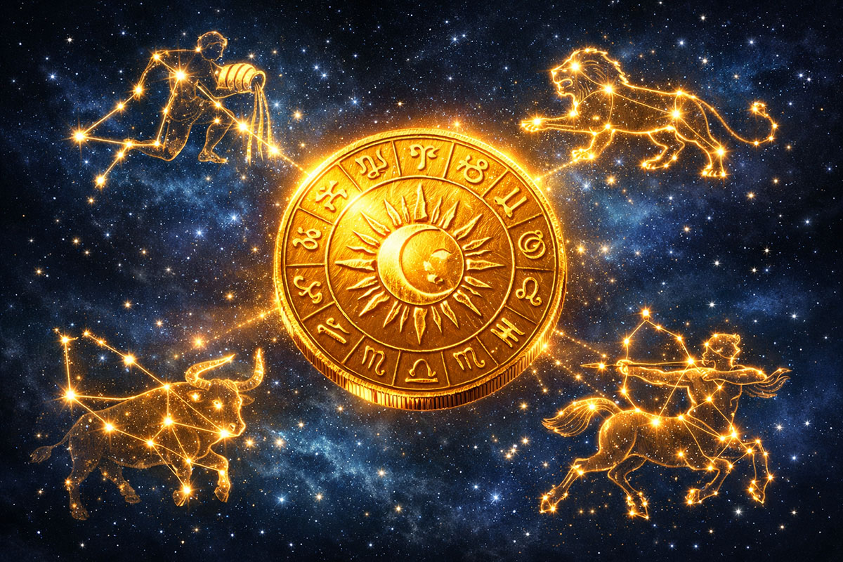 Illustration of zodiac signs on a historic astronomical ceiling, showcasing intricate details and vintage charm.