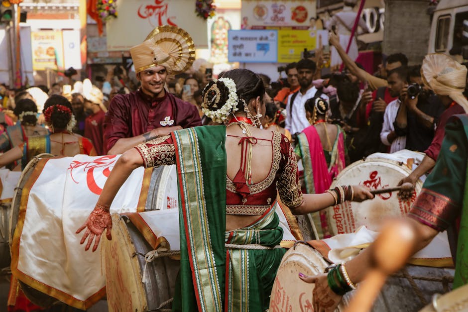Vibrant street festival with traditional Indian attire and music, showcasing cultural heritage.