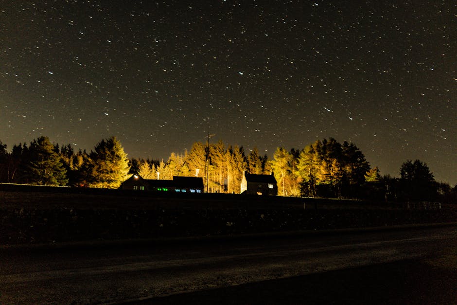 Starry night sky illuminating a tranquil village nestled among trees, ideal for serene countryside themes.